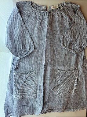 Mabo 100% Linen Handmade-Style Blue Stripe Kids Casual Dress with Pockets